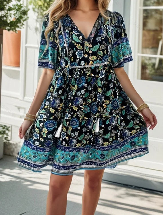 Summer Casual Holiday Floral Print Dress For Women V Neck Short Sleeve Loose A-line Dresses 2024 Beach Sundress Female