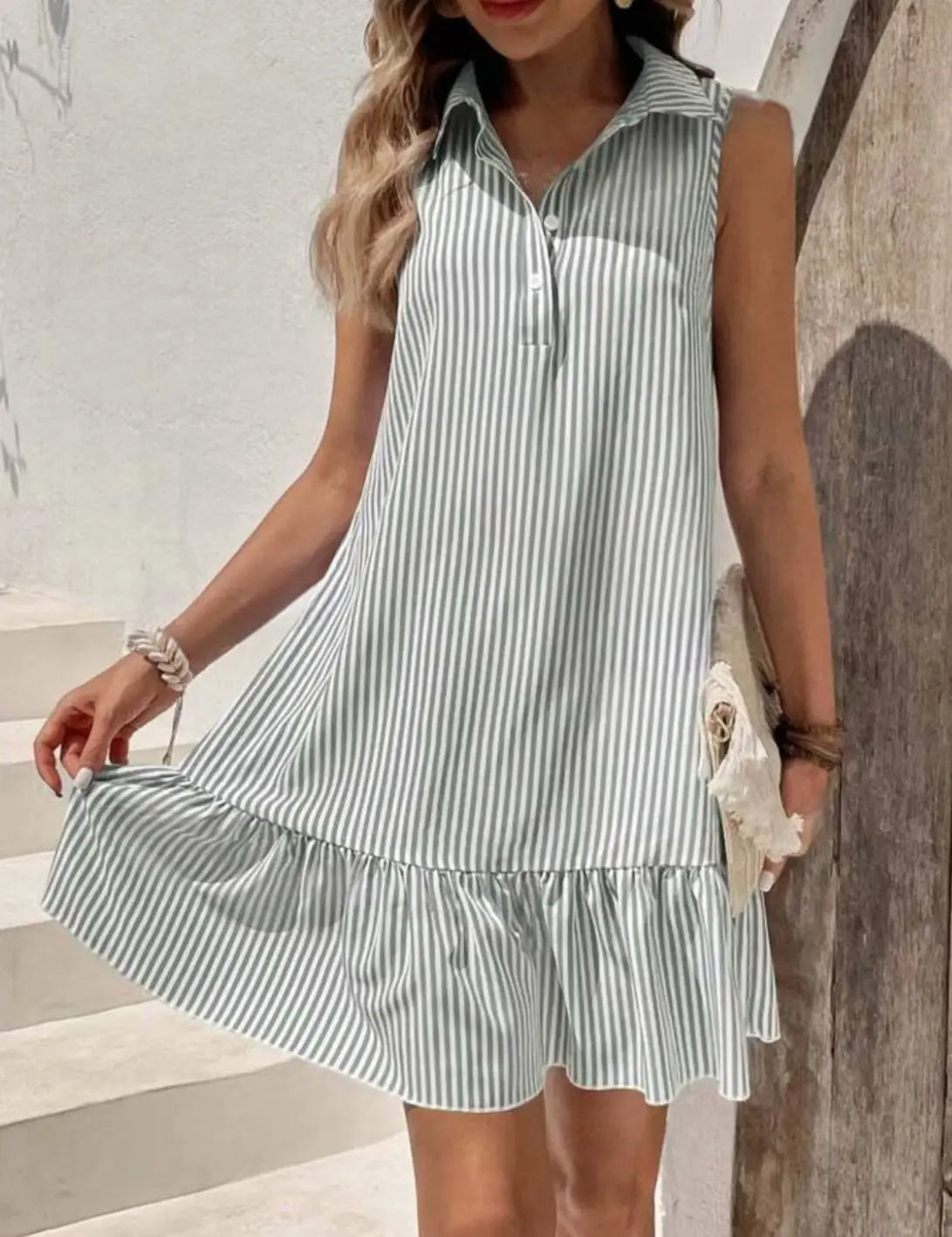 New Solid Color Lapel Sleeveless Striped Loose Ruffle Edge Dress