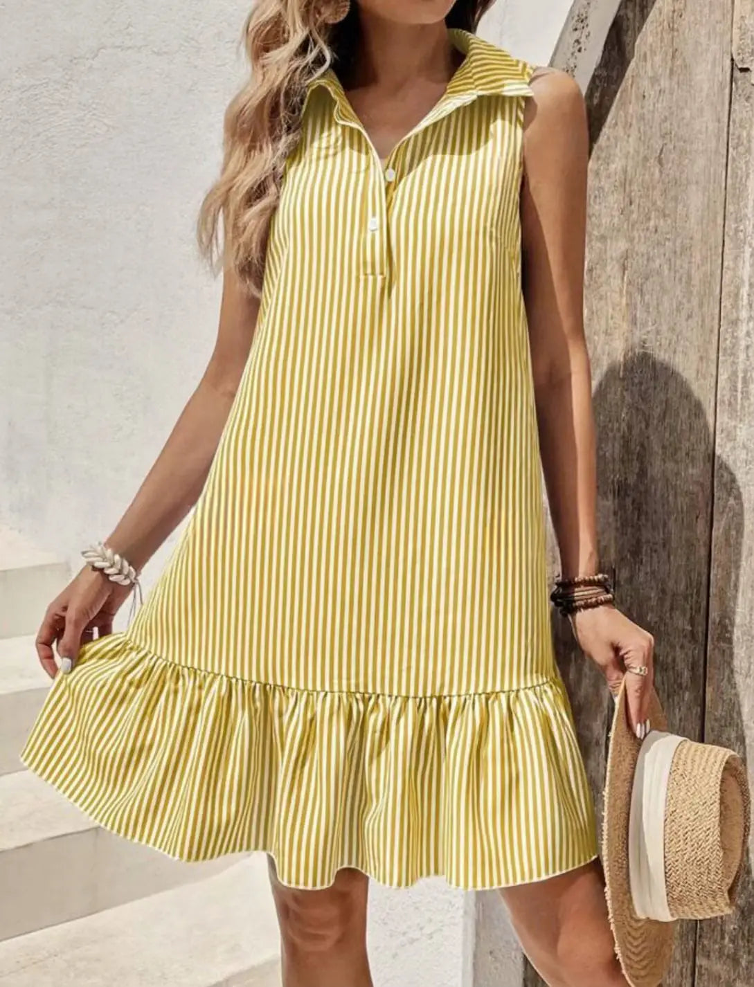 New Solid Color Lapel Sleeveless Striped Loose Ruffle Edge Dress
