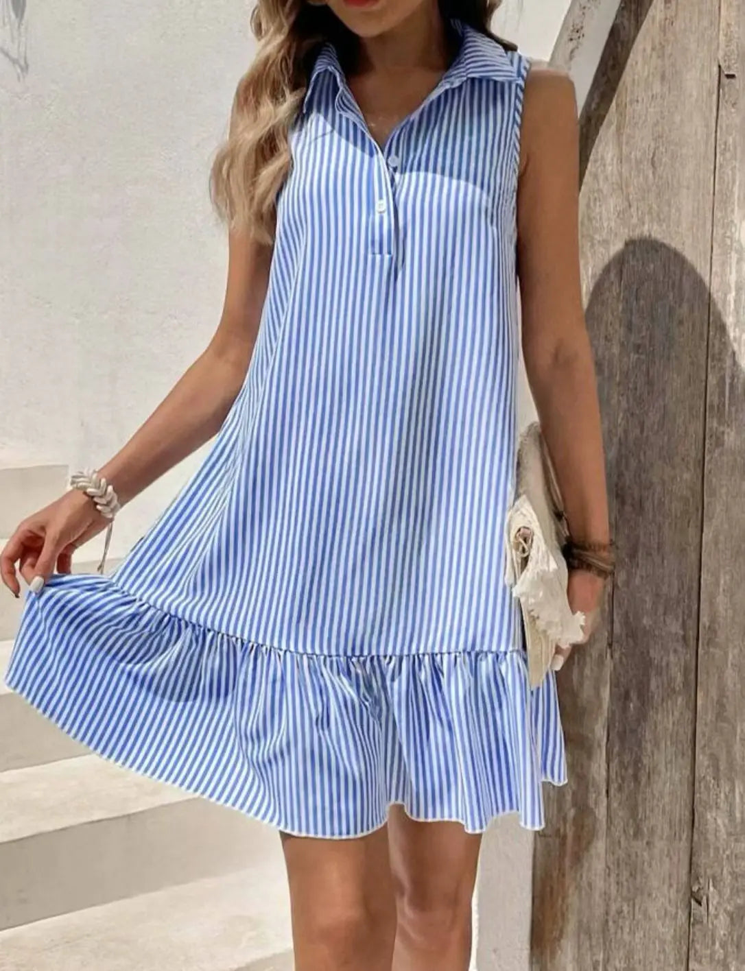 New Solid Color Lapel Sleeveless Striped Loose Ruffle Edge Dress