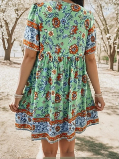 Summer Casual Holiday Floral Print Dress For Women V Neck Short Sleeve Loose A-line Dresses 2024 Beach Sundress Female