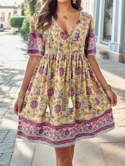 Summer Casual Holiday Floral Print Dress For Women V Neck Short Sleeve Loose A-line Dresses 2024 Beach Sundress Female