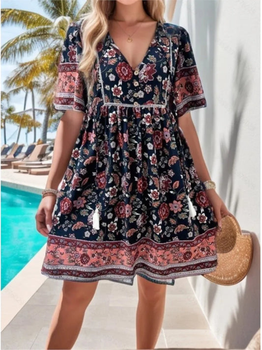 Summer Casual Holiday Floral Print Dress For Women V Neck Short Sleeve Loose A-line Dresses 2024 Beach Sundress Female