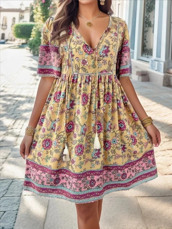 Summer Casual Holiday Floral Print Dress For Women V Neck Short Sleeve Loose A-line Dresses 2024 Beach Sundress Female