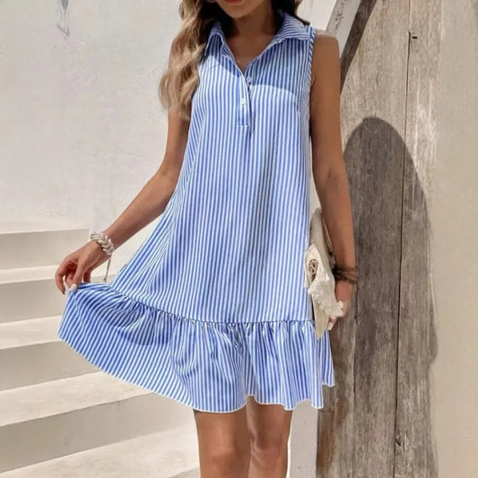 New Solid Color Lapel Sleeveless Striped Loose Ruffle Edge Dress