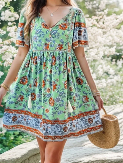 Summer Casual Holiday Floral Print Dress For Women V Neck Short Sleeve Loose A-line Dresses 2024 Beach Sundress Female