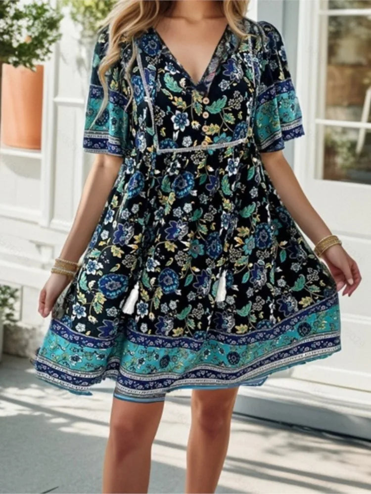 Summer Casual Holiday Floral Print Dress For Women V Neck Short Sleeve Loose A-line Dresses 2024 Beach Sundress Female